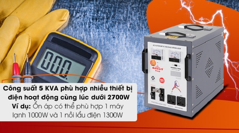 Ổn áp Robot 1 pha 5KVA 140 có tổng công suất khoảng 2700W, đáp ứng cho nhu cầu sử dụng điện của nhiều thiết bị điện tử cùng lúc