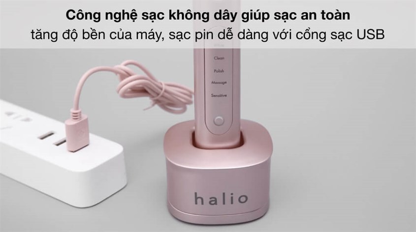 Bàn chải điện Halio Sonic Whitening Pro Rose Gold sở hữu pin sạc có dung lượng lớn và kết hợp đế sạc không dây vô cùng tiện lợi