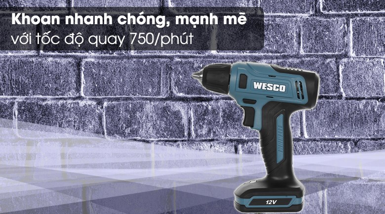 Máy khoan pin Wesco Ws2550K 12V xoay mũi khoan với tốc độ không tải 750 vòng/phút