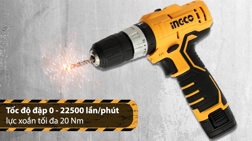 Máy khoan búa pin Ingco CIDLI1232 12V có tốc độ đập tối đa 22500 lần/phút