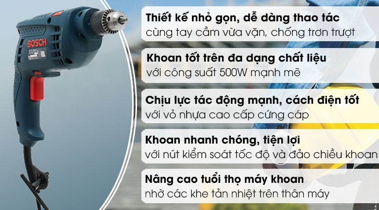 Máy khoan động lực điện Bosch GSB 10 RE 500W có thể khoan gỗ, thép hoặc bê tông xốp