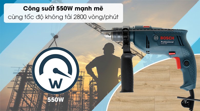 Máy khoan động lực điện Bosch GSB 550 550W có công suất khoan mạnh mẽ, tốc độ không tải lên đến 2800 vòng/phút