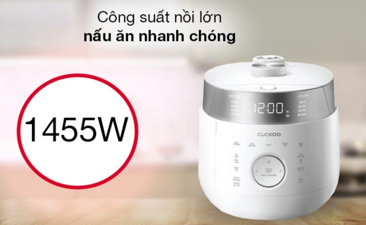 Nồi cơm áp suất cao tần Cuckoo 1.8 lít CRP-LHTR1009F/WHSIVNCV có công suất 1455W giúp nấu chín thức ăn nhanh hơn