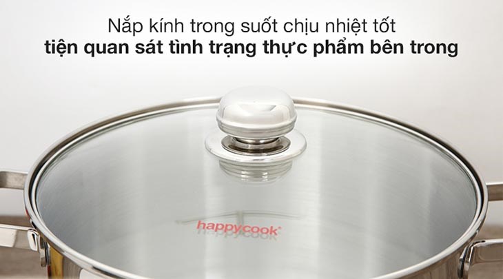 Nồi inox 3 đáy nắp kiếng 28 cm Happycook NC-28G có nắp nồi bằng kính trong suốt, chịu nhiệt cao, dễ dàng theo dõi thực phẩm khi nấu ăn