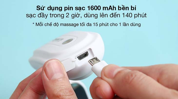 Máy massage cổ, vai, gáy HASUTA HMN-160 (Màu trắng) sử dụng pin sạc 1600mAh, có thể sử dụng lên đến 140 phút và chỉ mất khoảng 2 giờ sạc đầy