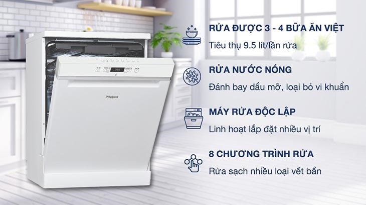 Máy rửa chén độc lập Whirlpool WFC 3C26P có giá 23.990.000 đồng (cập nhật nhật tháng 05/2023, có thể thay đổi theo thời gian