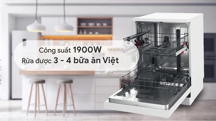 Máy rửa chén độc lập Whirlpool WFE 2B19 trang bị công suất hoạt động tối đa 1900W, có khả năng chứa từ 3 - 4 bữa ăn