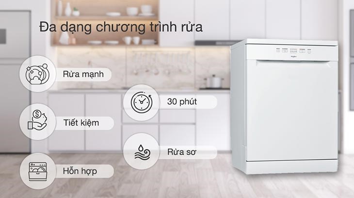 Máy rửa chén độc lập Whirlpool WFE 2B19 được tích hợp 5 chương trình rửa linh hoạt đáp ứng nhiều nhu cầu sử dụng khác nhau