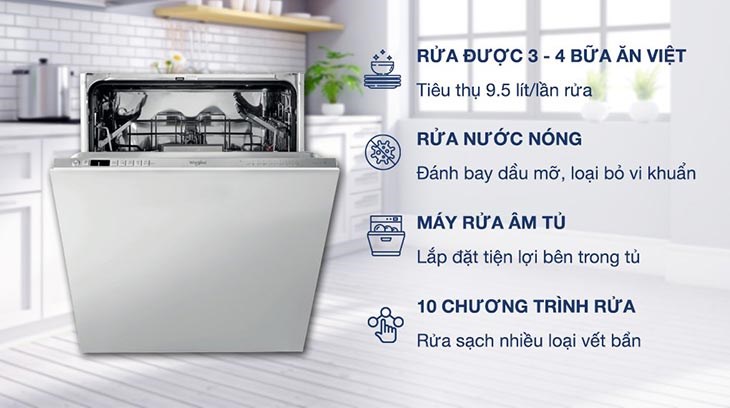 Máy rửa chén âm tủ Whirlpool WIO 3T133P tích hợp nhiều tính năng nổi bật phù hợp với mọi gia đình