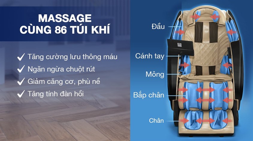 Hệ thống 86 túi khí trên ghế massage Daikiosan DKGM-30004 giúp tăng cường tuần hoàn máu hiệu quả