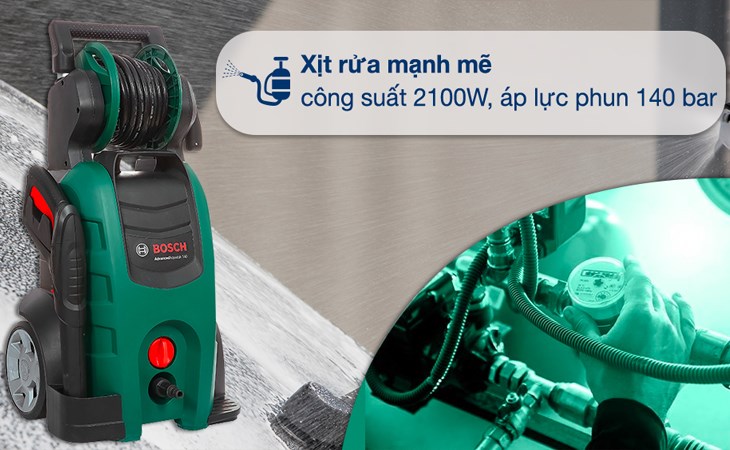 Máy phun xịt rửa áp lực cao Bosch Aquatak 140 2100W có công suất mạnh mẽ, mô-tơ cảm ứng từ đáp ứng tốt nhu cầu xịt cơ bản.