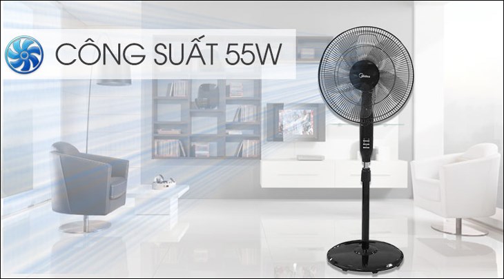 Quạt đứng Midea FS40-15QR hoạt động với công suất 55W, tạo làn gió trải rộng, tản gió nhanh, làm mát hiệu quả