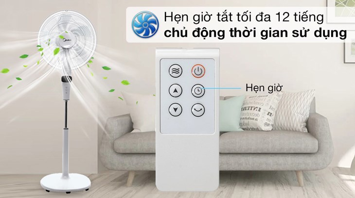 Quạt đứng Midea DC inverter FS40-15DR được trang bị chế độ hẹn giờ tắt tối đa 12 tiếng, giúp bạn kiểm soát thời gian sử dụng quạt tốt hơn