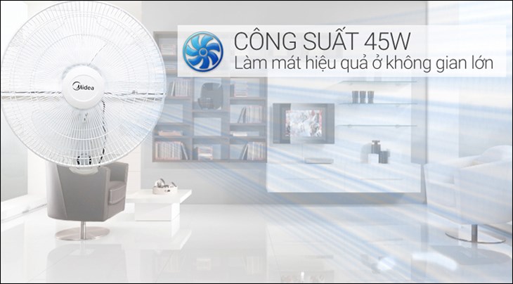 Quạt treo Midea FW40-15VF hoạt động với công suất 45W, làm mát bầu không gian phòng hiệu quả