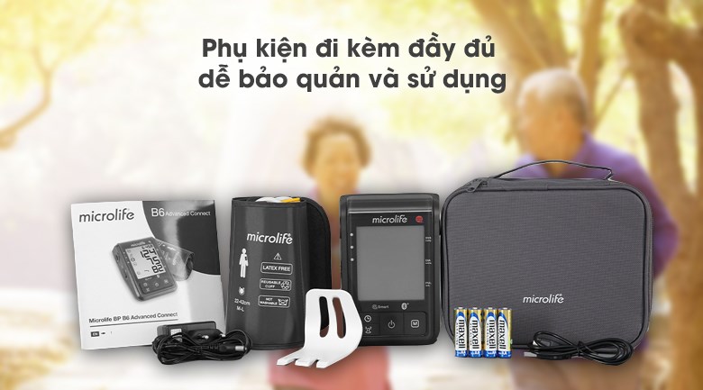 Máy đo huyết áp tự động Microlife B6 Advanced được trang bị các phụ kiện đi kèm giúp người dùng sử dụng và bảo quản hiệu quả hơn