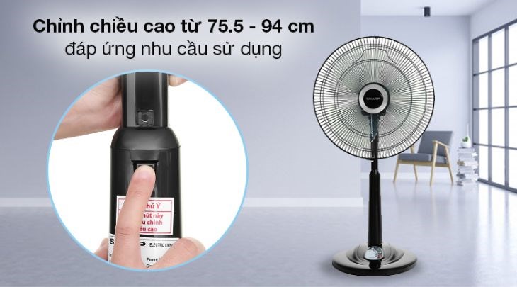 Quạt lửng Sharp PJ-L40RV-DG có thể thay đổi chiều cao dễ dàng từ 75.5 - 94cm để phù hợp với từng hoàn cảnh sử dụng khác nhau