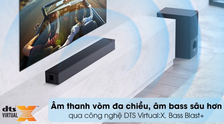 Bộ loa thanh LG SNH5 600W cho chất lượng âm thanh sống động và lan tỏa đều khăp căn phòng nhờ công nghệ Bass Blast+ cùng DTS Virtual:X