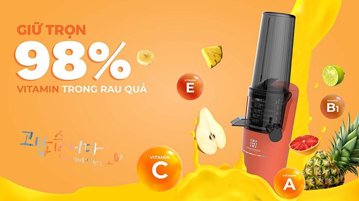 Máy ép chậm Hawonkoo SJH-001-CR giữ lại tới 98% vitamin, enzym có trong trái cây và rau củ, nhiều gấp 5 lần