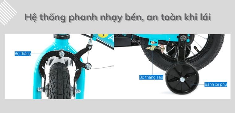 Xe Đạp Trẻ Em AVACycle Locke JY911-14 14 inch sở hữu hệ thống phanh vành trước, phanh đùm sau nhạy bén, đảm bảo an toàn cho trẻ khi lái