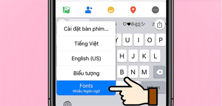 Bạn nhấn và giữ biểu tượng quả cầu rồi chọn mục Fonts