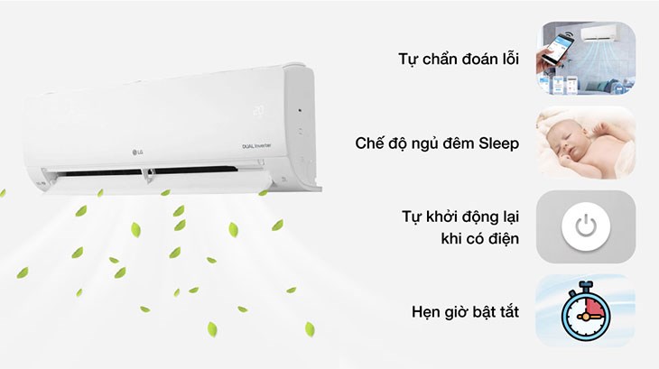 Máy lạnh 2 chiều LG Inverter 1 HP B10END1 trang bị chế độ ngủ đêm tạo nhiệt độ phù hợp tránh gây lạnh quá mức