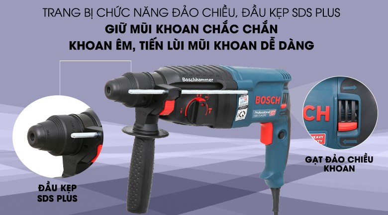 Máy khoan búa điện Bosch GBH 2-26 DRE 800W với đầu kẹp SDS Plus giúp khoan ổn định và có hiệu suất tốt