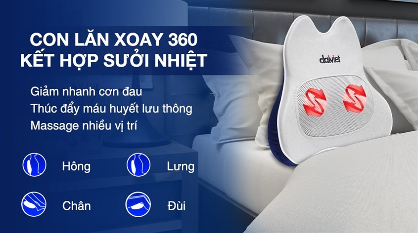 Máy massage lưng Daikiosan được trang bị con lăn 360 độ kết hợp chế độ sưởi nhiệt giúp giảm đau hiệu quả