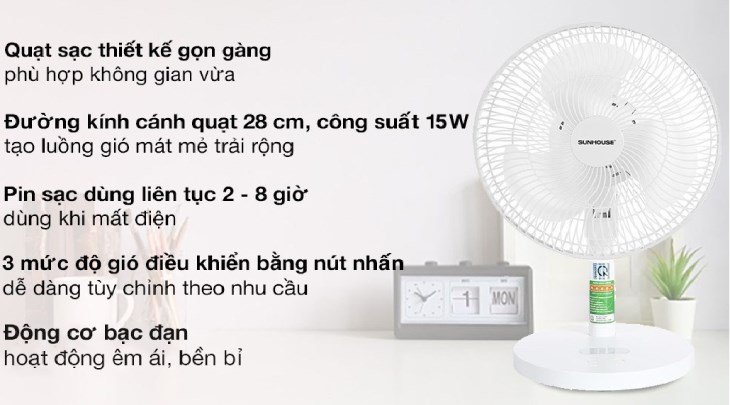 Quạt sạc điện Sunhouse SHD7115 sở hữu dung lượng pin lớn