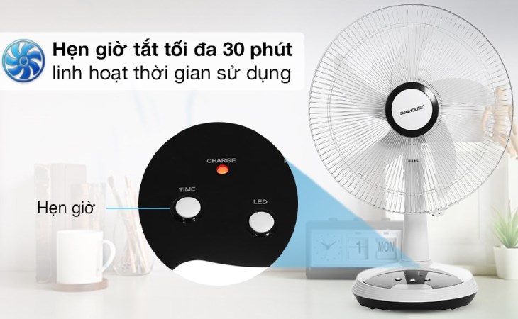 Quạt sạc điện Sunhouse SHD7223 có chế độ hẹn giờ tắt, đảm bảo an toàn khi sử dụng