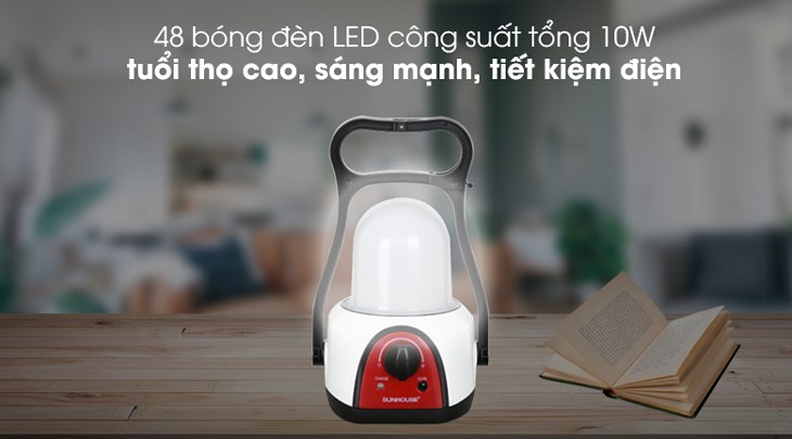 Đèn sạc Sunhouse SHE-6848LA sử dụng 48 bóng đèn LED trắng siêu sáng với tổng công suất 10W cho khả năng chiếu sáng hiệu quả