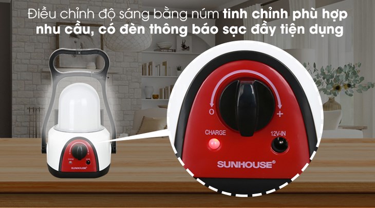 Bạn có thể điều chỉnh độ sáng của đèn sạc Sunhouse SHE-6848LA  qua núm vặn tiện dụng