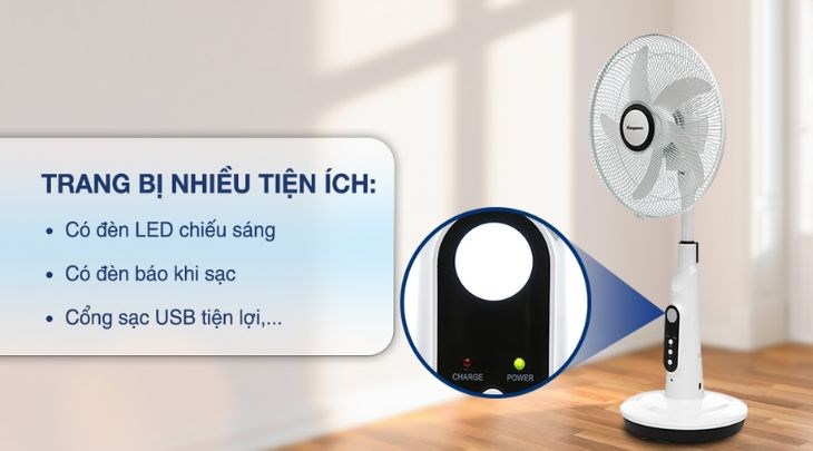 Đèn LED chiếu sáng của quạt sạc điện Kangaroo KG738 còn giúp bạn dễ dàng quan sát để tùy chỉnh các chức năng