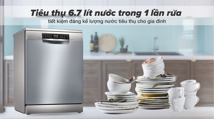 Máy rửa chén độc lập Bosch SMS6ECI93E chỉ sử dụng trung bình 6,7 lít nước/1 lần rửa