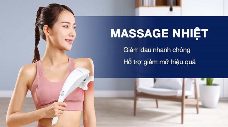 Công nghệ massage nhiệt trên máy massage cầm tay Poongsan MHP-025 hỗ trợ giảm đau nhức nhanh chóng và đánh bay mỡ bụng