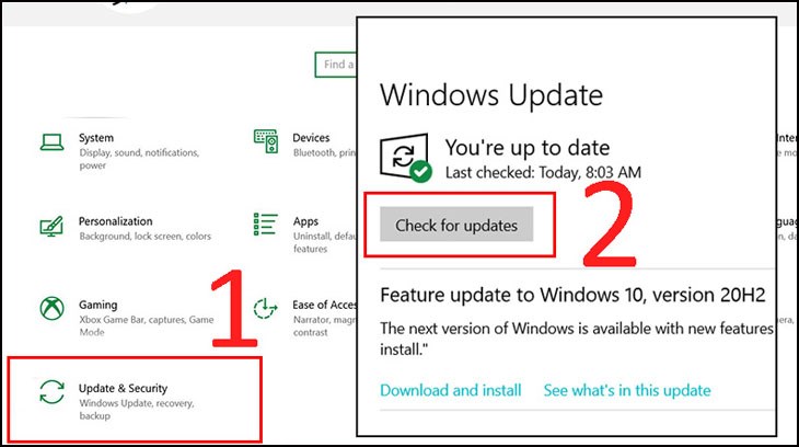 Chọn Update & Security > Check for updates