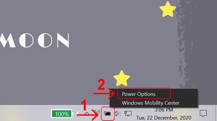 Vào biểu tượng pin > Chọn Power Options