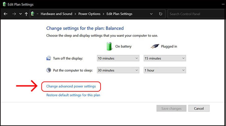 Chọn Change Advanced Power Settings