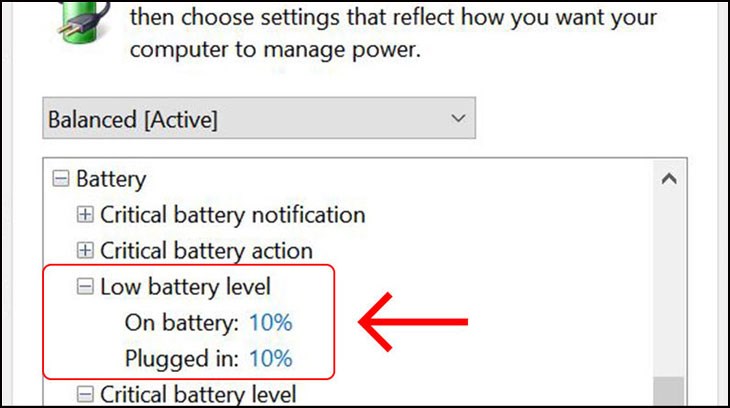 Chọn lại On Battery và Plugged In ở mức 10%