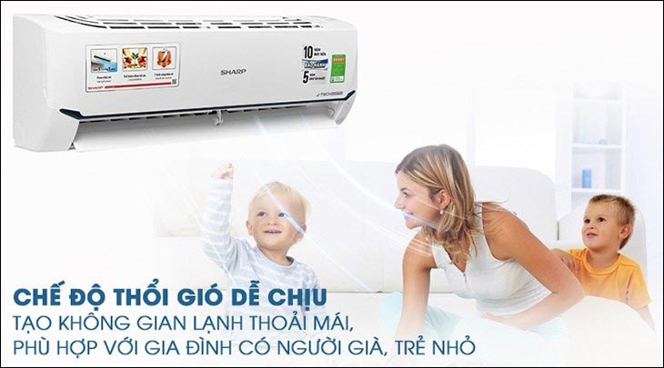 Điều hòa Sharp Inverter 1.5 HP AH-X12XEW trang bị chức năng thổi gió dễ chịu phù hợp với gia đình có trẻ nhỏ và người già