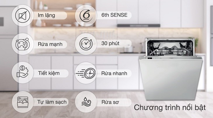 Các chương trình rửa tiên tiến và nổi bật trên máy rửa chén âm tủ Whirlpool WIO 3T133P