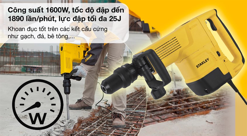 Máy đục bê tông điện Stanley STHM10K-B1 1600W có công suất 1600W, hoạt động mạnh mẽ với tốc độ đập 900 - 1890 lần/phút