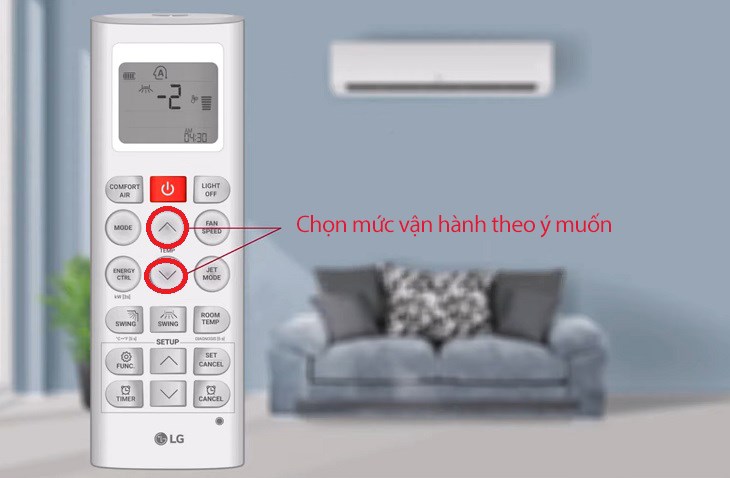 Nhấp chọn biểu tượng mũi tên xuống hoặc lên để chọn mức độ vận hành của máy