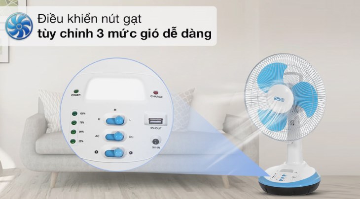 Quạt sạc điện AC 3 cánh ARF03D123 30W có 3 tốc độ gió, cho phép người dùng tùy chỉnh theo nhu cầu