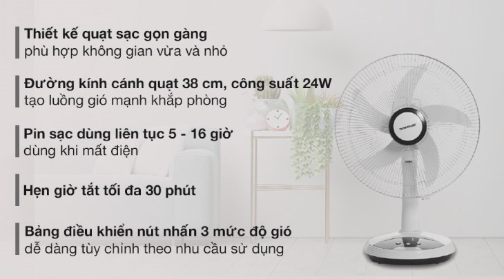 Quạt sạc điện Sunhouse 5 cánh SHD7223 24W có dung lượng pin lớn, cho khả năng làm mát lên đến 5 - 16 giờ sử dụng liên tục