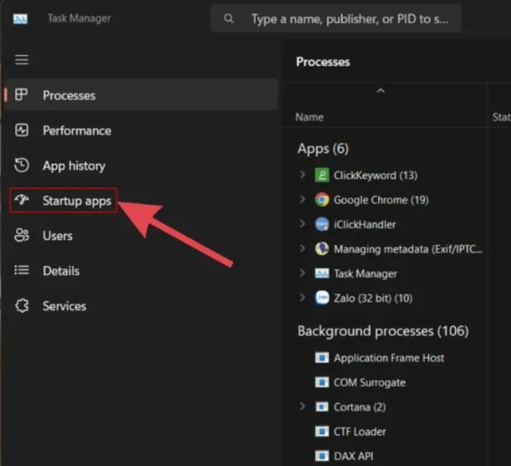 Bạn chọn mục Startup apps trong Task Manager