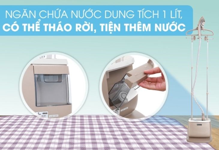 Dung tích bình chứa nước 1 lít của bàn ủi hơi nước đứng BlueStone GSB-3951 1900W cho thời gian là ủi liên tục khoảng 30 phút