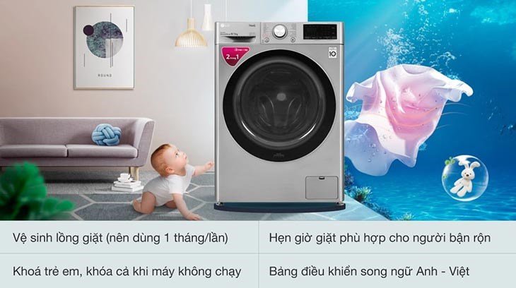 Máy giặt sấy LG Inverter 9 kg FV1409G4V có tính năng tự vệ sinh lồng giặt giúp vệ sinh đơn giản và an toàn cho người dùng