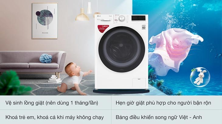 Máy giặt LG Inverter 8.5 kg FV1408S4W trang bị tính năng khóa trẻ em, đảm bảo an toàn cho gia đình có trẻ nhỏ