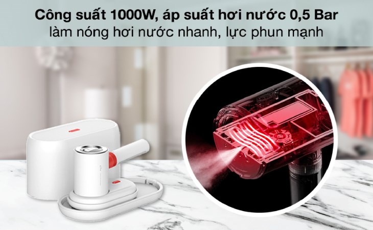 Bàn ủi hơi nước cầm tay diệt khuẩn Deerma HS218 1000W cung cấp lực phun mạnh đến 154g/phút, làm phẳng các nếp nhăn cứng đầu trên quần áo dễ dàng