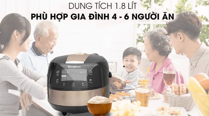 Nồi cơm điện tử Kangaroo 1.8 lít KG18DR8 có dung tích 1.8 lít phù hợp nấu cơm cho 4 - 6 người ăn